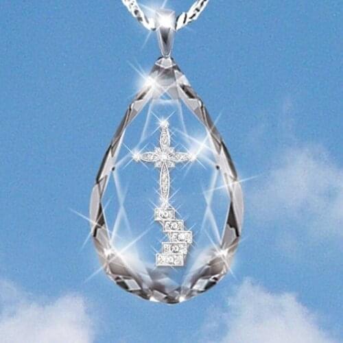 Fashion Clear Crystal Water Drop Necklace Cross Pendant Religion Necklace Couple Necklace Fashion Jewelry Gifts