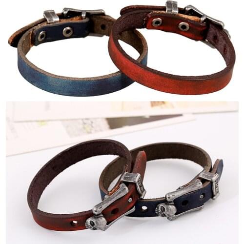 Fashion Brand Jewelry Men Bracelets Simple Brown Cow Leather Antique Skeleton Alloy Buckle Vintage Bangles for Men