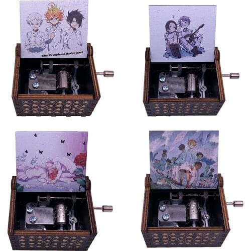 The Promised Neverland Music Box Engraved Wood Mini Hand Crank Printed Image Musical Box for Christmas,Birthday Gift