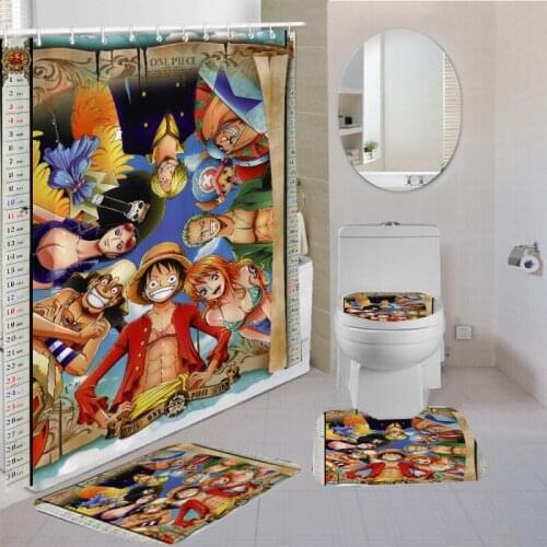 One Piece Pattern Non Slip Polyester Bathroom Rug Set Bathroom Shower Curtain Waterproof Bath Curtain Set Toilet Cover Mat 4Pcs