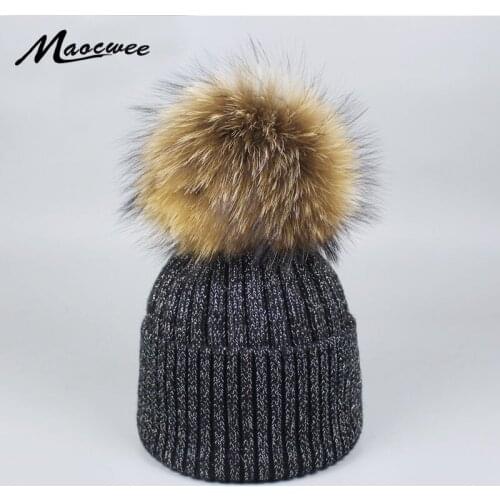 Autumn Winter Womens Fur Pompom Beanies Silver Wire Hats Solid Warm Knitted Skullies Caps Soft Polyester Hats For Girls Hats New