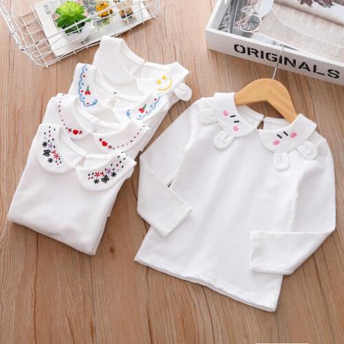 1-7 Years Children Clothes Pater Pan Collar Baby Long Sleeve T-shirt Girls Cotton White Bottoming Shirt for Kids Spring Clothing