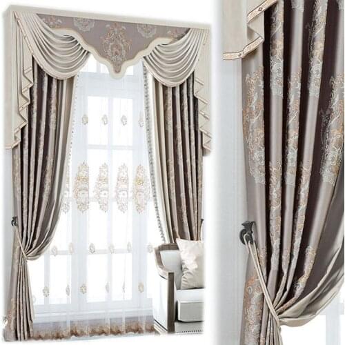 Custom curtains European luxury bedroom thick German embossed embroidered beige cloth blackout curtain valance tulle panel