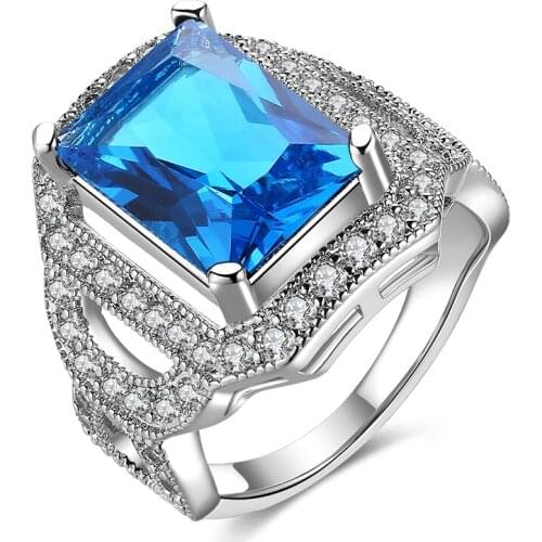 Luxury exaggeration Blue Crystal Finger Rings with Green or Clear AAA Cubic Zirconia Silver Color Ring Jewelry for women gifts