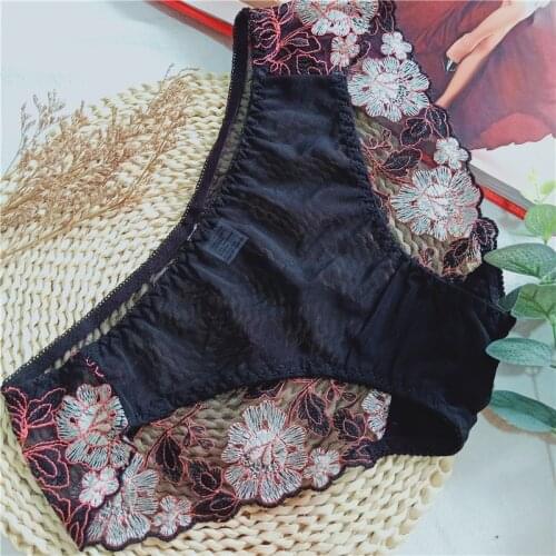 Embroidery sexy mesh lace underwear womens mid waist Triangle pants CX6