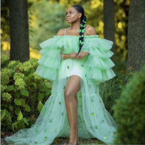 Chic Green Butterfly Sheer Overlay Women Dresses Off The Shoulder Ruffles Tiered Tulle Long See Thru Dress Vestido De Mujer