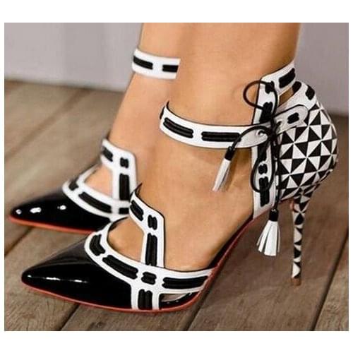 Geometric Patern High Heel Shoes Women Contrast Colors Tie up Checkered Point Toe Pumps Black And White Leather Cut-out Shoes