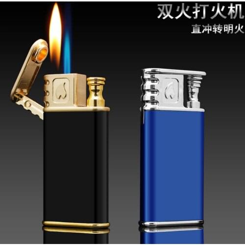 Creative ultrathin double fire direct Jet torch flame open flame cigarette lighter Personality metal cigar smoking igniter gift