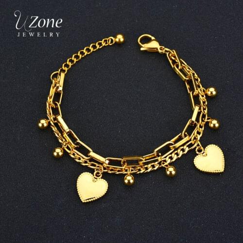 UZone Stainless Steel Double Layer Bead Heart Bracelets & Bangles Charm Link Bracelets For Women Love Gold Chain Jewelry