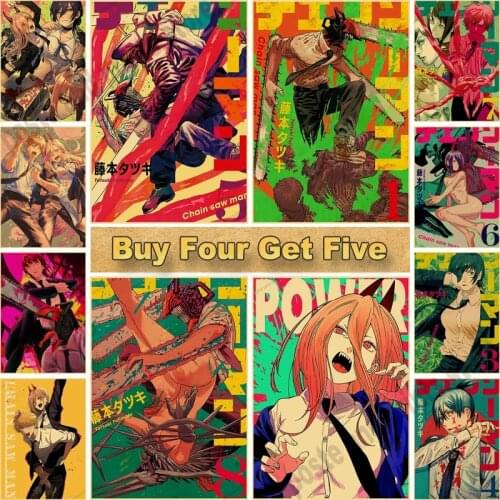Japanese Anime Chain Saw Man Poster Retro Kraft Paper Chainsaw Man Posters Wall Sticker Home Decor Living Room Bar Art Painting