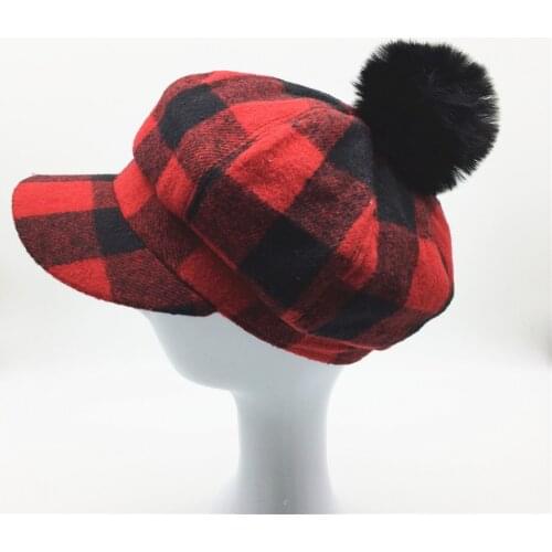 Women Plaid Baker Boy Hat Removable Faux Fur Pompom Girls Red Black Checked Baseball Cap Octagonal Hat Newsboy Winter Hat