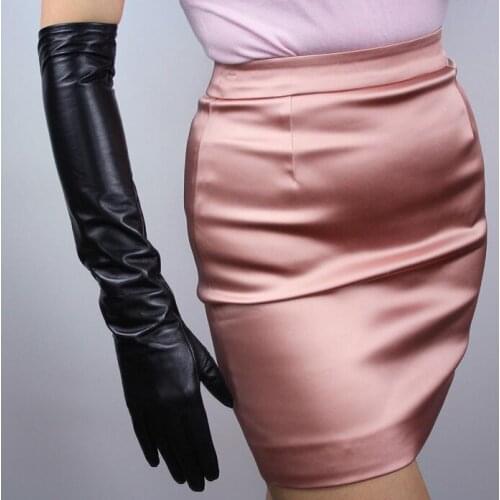 Womens runway fashion faux pu leather sexy slim long gloves female black color leather party driving gloves 50cm