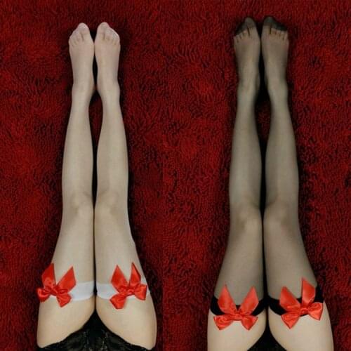 Womens Sexy Stockings Transparent Silk Stocking See Through Lingerie Bow Top Thigh High Stockings Collant Femme Medias De Mujer
