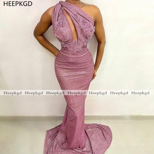 Glitter Dusty Pink Long 2021 Prom Dresses One Shoulder Mermaid Appliques Women Formal Gowns For Prom Party Robe De Soiree