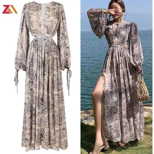 ZALady Beach chic on holiday maxi dresses for women Aesthetic printed hollow out long sleeve sexy party long dress femme robes