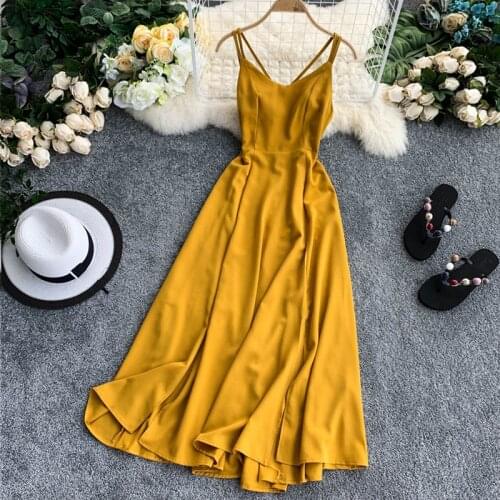 FMFSSOM Women Sexy V-Neck Spaghetti Strap Long Dresses 2021 Summer Backless Split Slim Dress Ladys Casual Beach Preppy Style