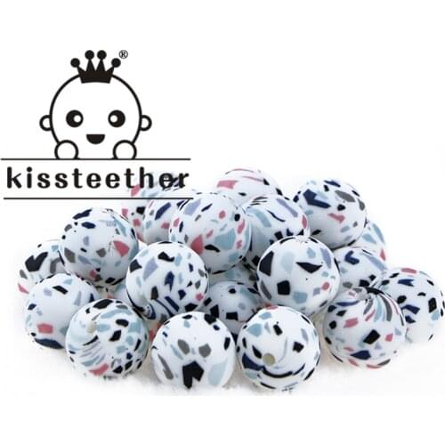 Kissteether 10PC Silicone Bead Food Grade Materials Teether Round Printing 15mm DIY Crafts Baby Teether Safe Rattle Beads