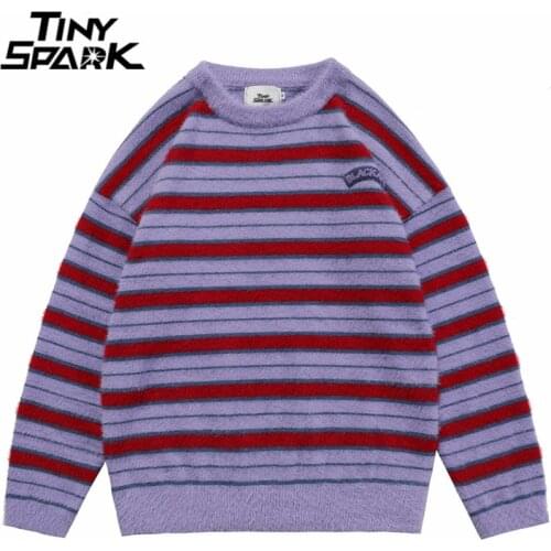 2021 Men Knitted Sweater Hip Hop Streetwear Striped Furry Pullover Autumn Harajuku Cotton Casual Sweater Pullover Purple Blue