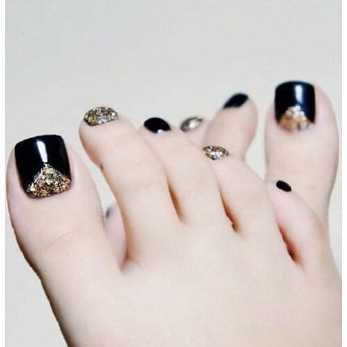 24pcs Black Gold Toenail Patch Glue Type Removable Short Paragraph Manicure Save Time False Toenail Patch NE