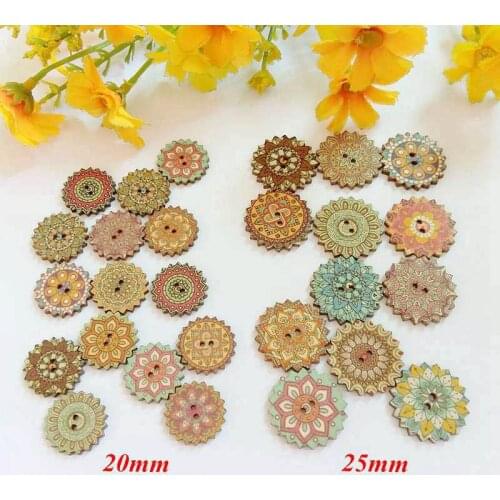 50Pcs/pack 20mm/25mm Mixed Printed vintage flower Pattern Painting natural Wooden Buttons 2 Holes Sewing Scrapbooking