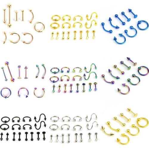8/9/16Pcs Mix Bar Ball Ring Spiking Surgical Stainless Steel Ear Eyebrow Lip Nose Tongue Piercing Set Jewelry For For Women Men