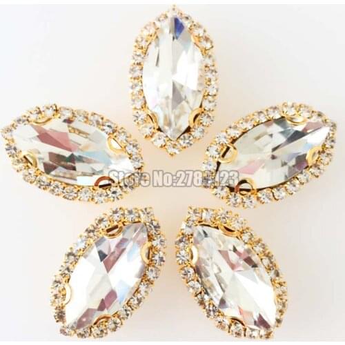 Free shipping 7x15mm 9x18mm Gold bottom white horse eye shape High quality Crystal button,sew on rhinestones for diy