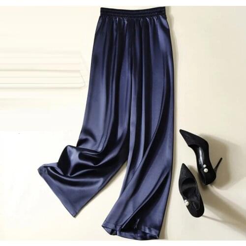 Silk satin acetate straight-leg pants, womens summer nine-point vertical pearly silky texture trousers Wide Leg Pants