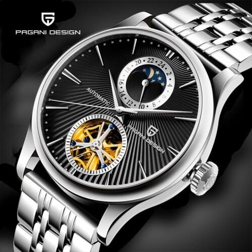 Automatic Mechanical Mens Watches PAGANI DESIGN Military Stainless Steel Tourbillon Watch Men Stylish & Simple Moon Phase Clock