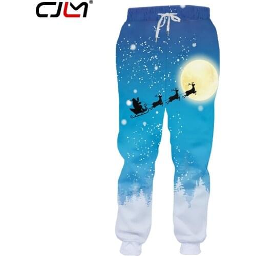 CJLM Christmas Theme 3D Printed Moon Background Pants Santa Claus And Elk Fashion Leisure Mens Sweatpants