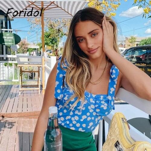 Foridol Daisy Print Strap Lace Up Camis Tank Tops Women Boho Summer Crop Tops High Fashion Women Clothing Blue Tops