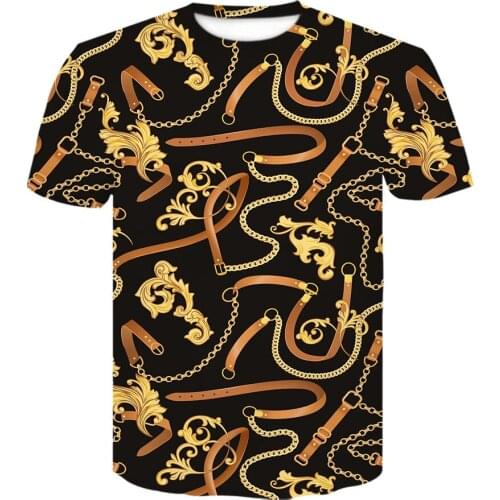 Classic Black golden floral 3D printed Chain design T shirt for men Summer Women casual Tops Royal t-shirt hip hop streetwear
