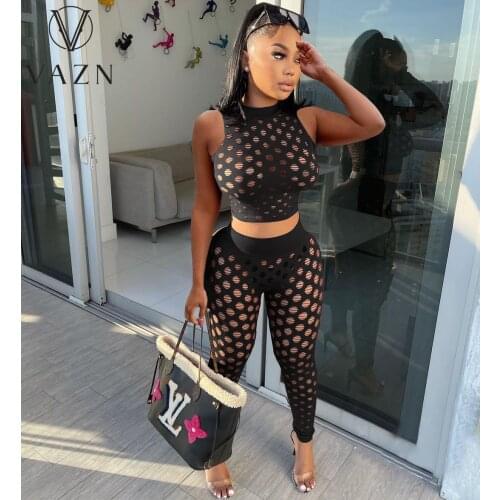 VAZN 2020 Hot Sleeveless Black Hollow Out Women Set Tracksuit Bandage Sexy Suit Two Piece Set Sport Running Lady Sets