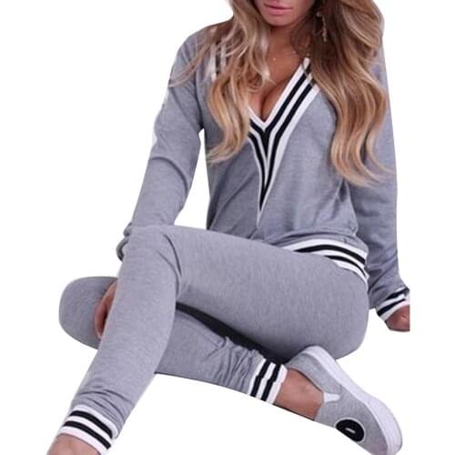 2Pcs/Set Women Casual Stripe Hem V Neck Sweatshirt Pants Cotton Sports Tracksuit
