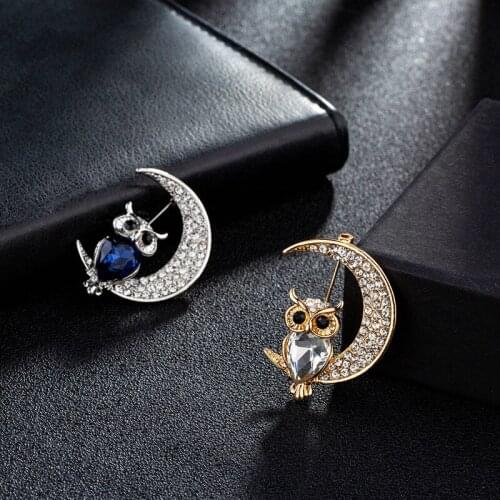 Fashion Luxucy Big Blue White Crystal Cute Owl Moon Brooches Gold Silver Color Rhinestone Alloy Animal Brooch Lady Party Pins