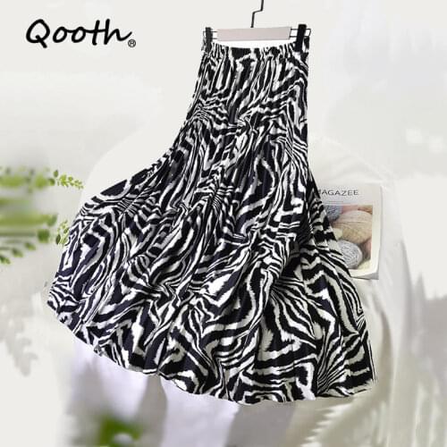 Qooth New Zebra Print Pleated Skirt Woman Fashion 2021 Chic Mujer Pleated Maxi Skirt INS Lady Elastic Waist Skirts Women QT373