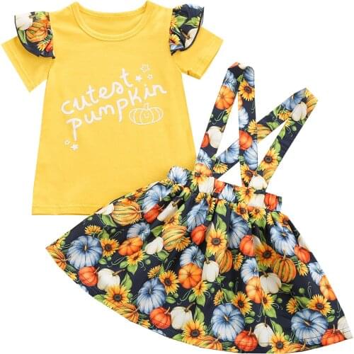 2021 2Pcs Toddler Baby Girls Halloween Autumn Outfits Short Sleeve Letter Print Tops Pumpkin Suspender Skirt Casual Set