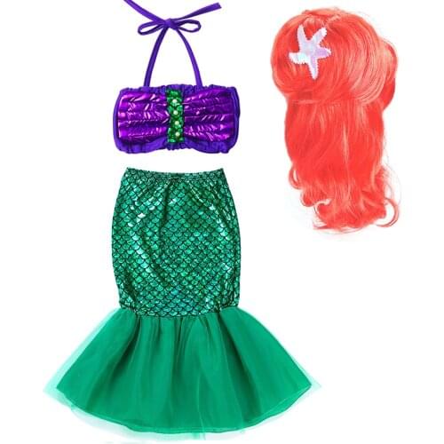 Little Girls Mermaid Dress Kids Halloween Cosplay Ariel Costume and Wig Childrens Swimsuit Summer Fancy Princess Beach Clothing