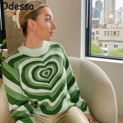 Odessa Winter Autumn Love Printed Long Sleeve Knit Pullovers Top Y2K 2021 Fashion Women Patchwork Half Turtleneck Green Sweaters