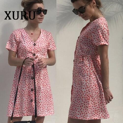XURU summer new womens floral dress print V-neck single-breasted short-sleeved dress