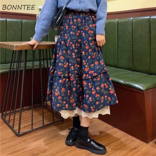 Skirts Women Lace Midi Casual Print A-Line Korean Fashion Clothing All-match Daily Spring Popular Adult Mujer 2020 Students Chic