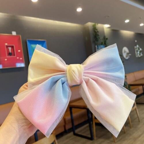 Korean Super Fairy Rainbow Color Snap Hair Clip Yarn Bow Hairpin Hairpins for Women Girls Bows Hairgrip Jewelry Hair Accessories