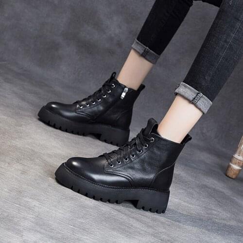 Yiluan Fashion Ankle Boots Women Student Lace-Up Zip Platform Genuine Leather Ladies Winter Boots Handmade 2021 Spring New