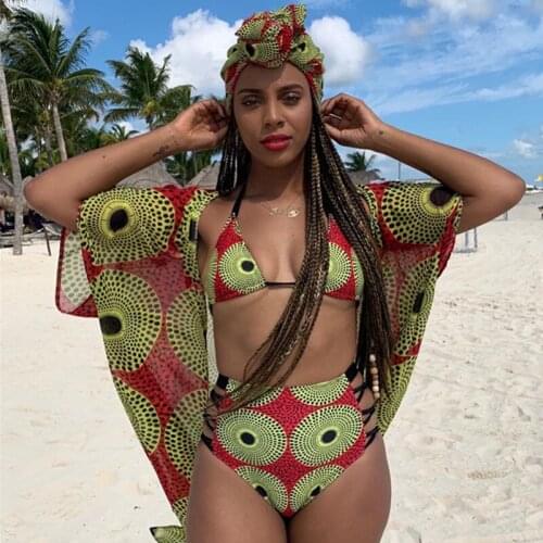 Womens Hollow Printed Bikini Set with Cloak