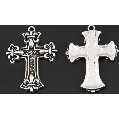 5pcs Silver Color 51x37mm Flower Cross Charms Jesus Faith Pendant For DIY Handmade Punk Metal Jewelry Making Accessorie
