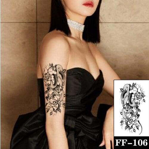 Black Large Snake Flower Fake Tattoo Sticker for Women Dot Rose Peony Waterproof Temporary Tattoos Water Transfer Tatoos Girls