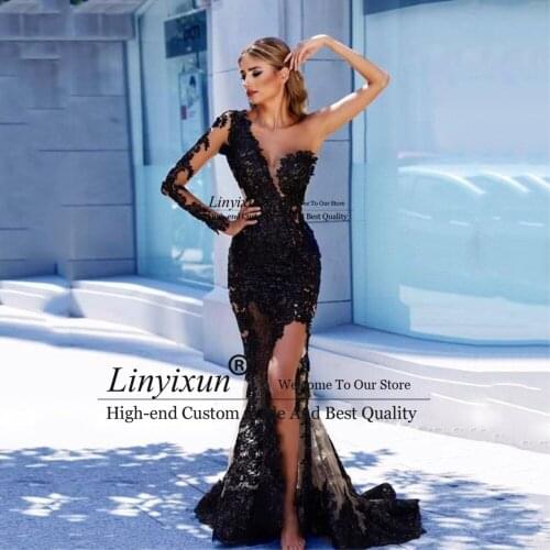 Black Long Sleeve Prom Dresses 2021 Sexy V Neck Front Split Evening Gown Dubai Formal Party Dress Custom Made vestido de festa