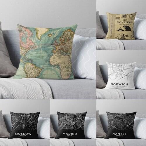 World map cojines decorativos print 18X18inch country map cojines sofá home decor Moscow spain throw pillows for living room
