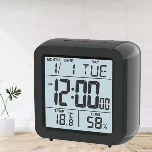 Electronic Table Snooze Alarm clock Calendar Kids Bedside Clock with Backlight & Home Temperature & Indoor Humidity Battery