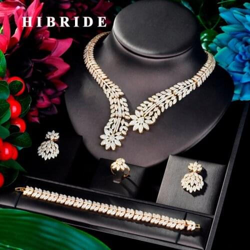 HIBRIDE Gold Color Unique Design Flower Shape Women Bridal Jewelry Set Dress Necklace Earring Jewelry Set For Party Gits N-890