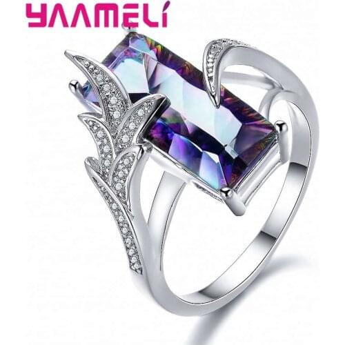 Rainbow Lavish Large Cut Rings With Square Mystic Stone 925 Sterling Silver Bohemian Boho Vintage Cocktail Woman Jewelry Gifts